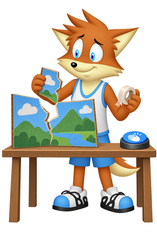 The orange mascot holds a cardboard fragment and a roll of tape beside torn painted scenery; a blue hand-symbol button sits unused to the side.