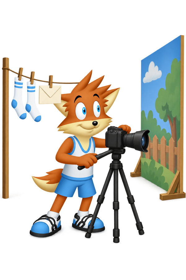 The orange mascot turns a tripod camera toward a painted scenery panel and away from socks and a closed envelope hanging on a line.