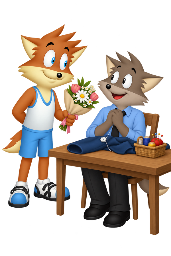 The orange mascot offers flowers to a seated grey companion; a sleeve with a threaded button and a sewing basket rest on the table.