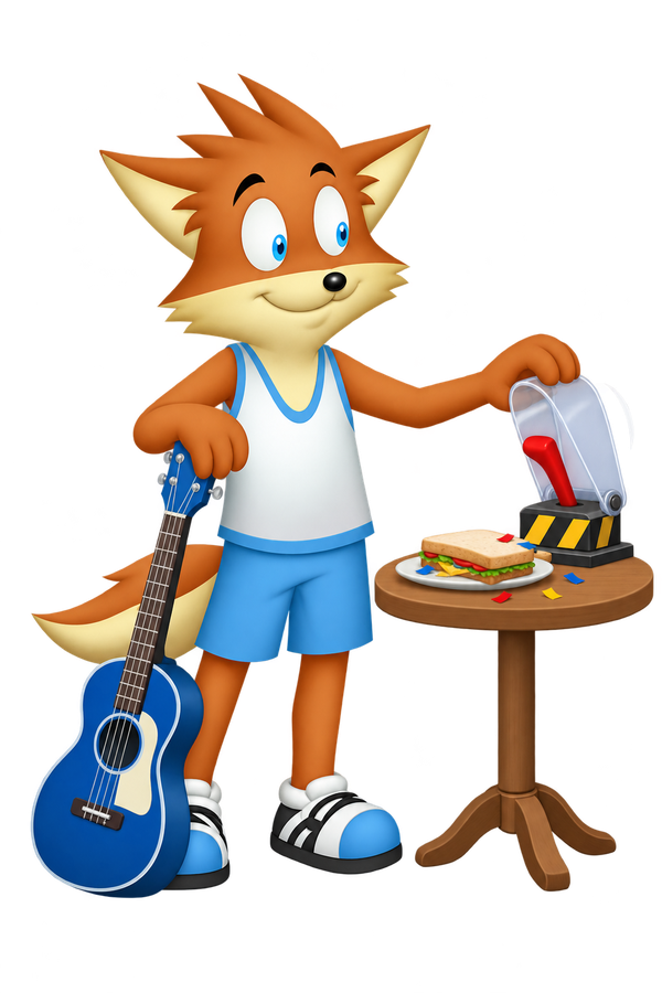The orange mascot holds a clear cover above a red lever beside a sandwich with confetti scraps; a blue guitar leans by the other hand.