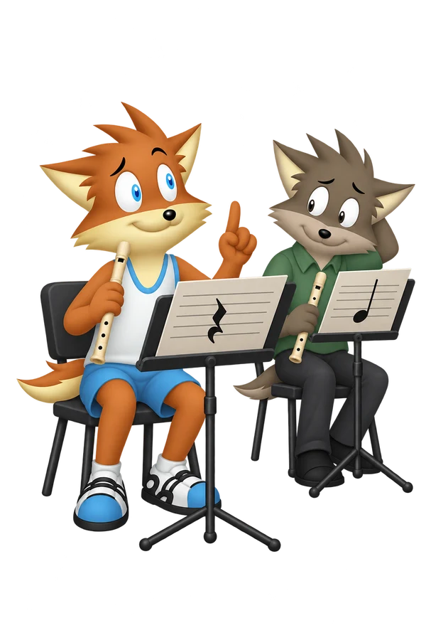 The orange mascot holds a recorder and raises a finger beside a music stand; the gray-brown player scratches their head beside another score.