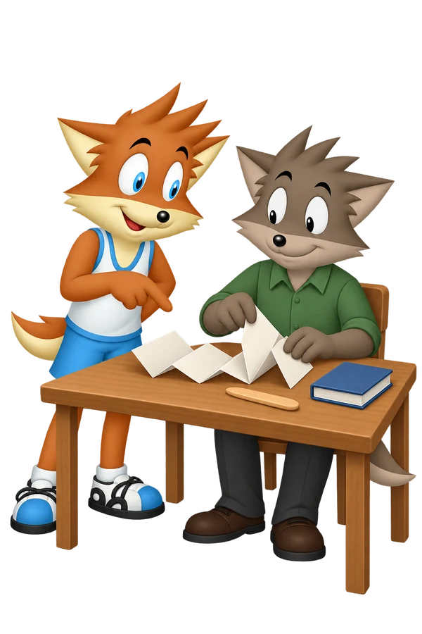 The mascot watches and points as a gray-brown maker folds a large sheet at a table with a book and wooden folding tool.