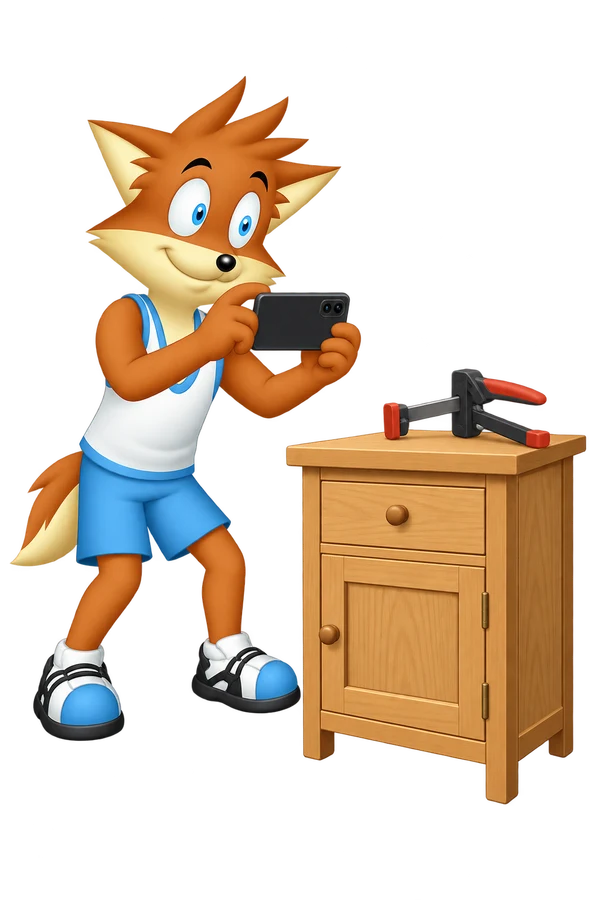 The mascot holds a phone beside a wooden cabinet with a red-and-black clamp prominently on top.