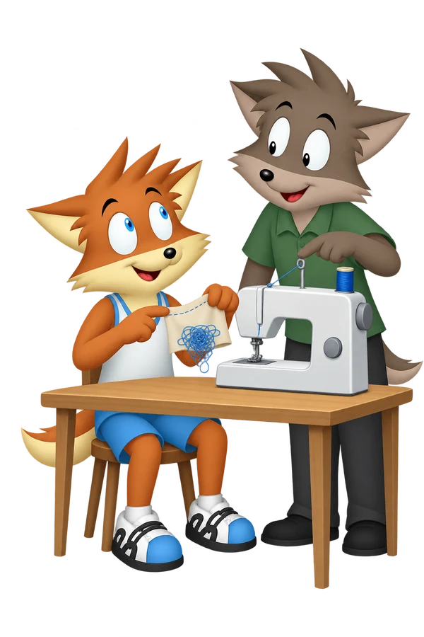The seated mascot holds cloth with a tangle of blue thread while the gray-brown companion points to a hook above a sewing machine.