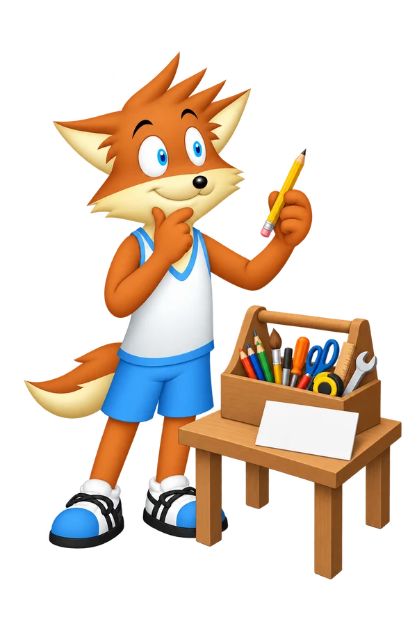 The mascot considers a pencil beside a box of drawing and workshop tools and a large blank card.