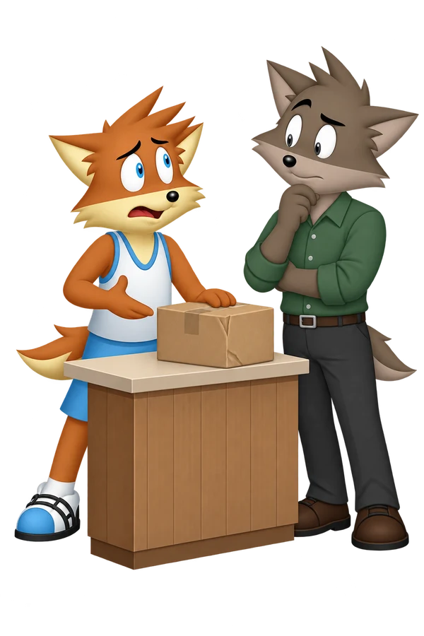 Behind a small shop counter, the mascot gestures beside a closed box while a serious gray-brown companion listens.