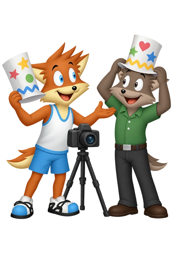 Beside a camera, the mascot holds a tall decorated paper hat while the smiling gray-brown companion puts on a matching hat.