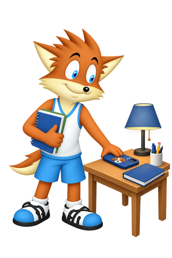 The mascot places a phone with a sleeping-dog case face down on a table beside study books and a lamp.