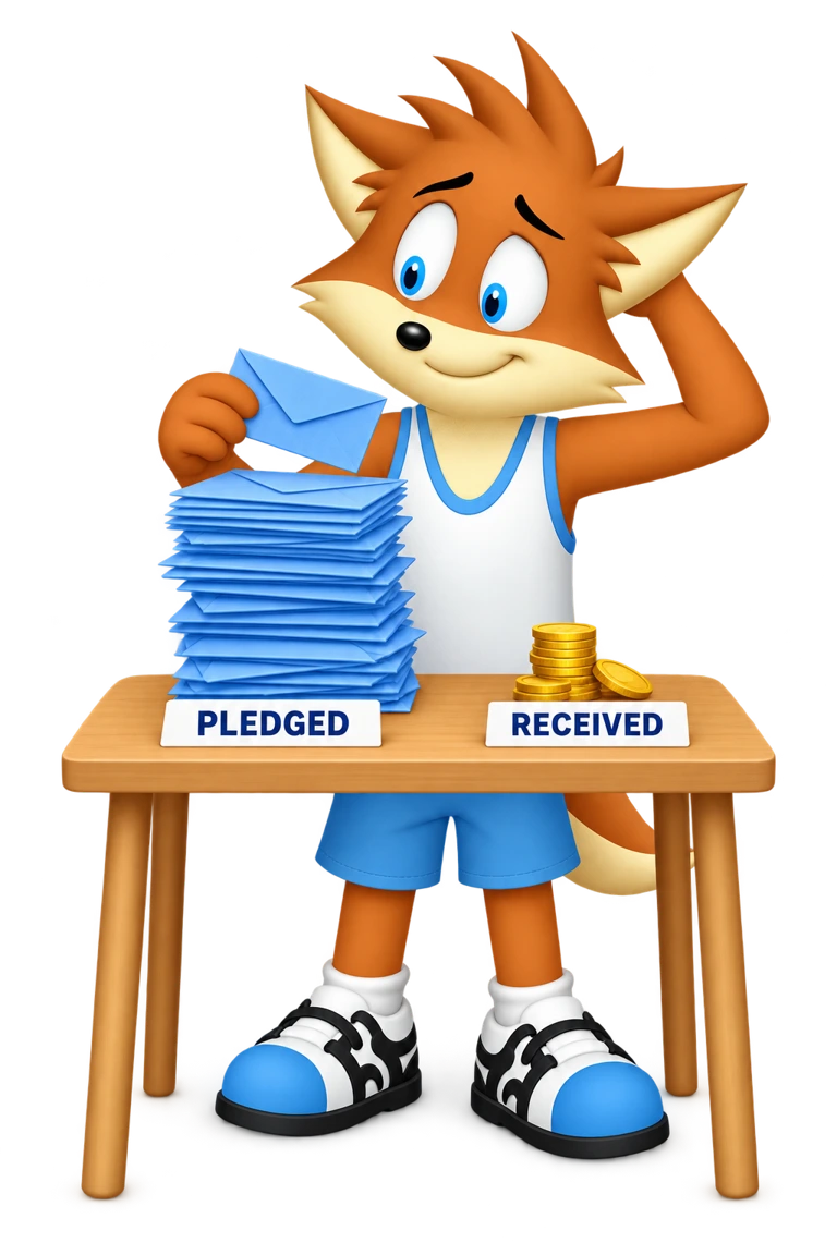 The mascot separates a tall pile of pledged donations from a smaller pile of received coins.