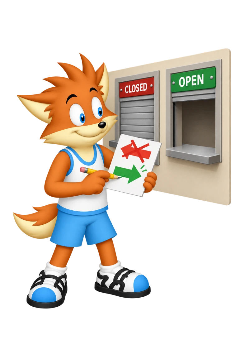 The mascot corrects a direction arrow beside two collection hatches marked Closed and Open.