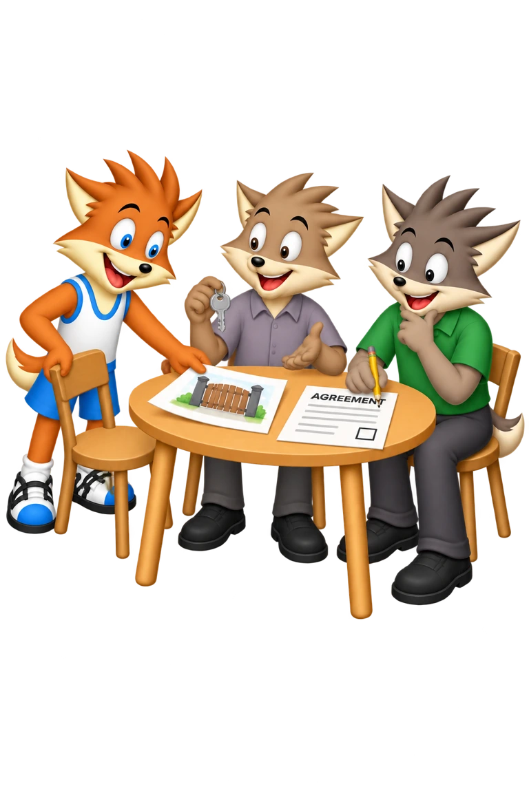 The mascot holds a chair beside a key-holding participant while another pauses over an agreement sheet and a picture of a gate.