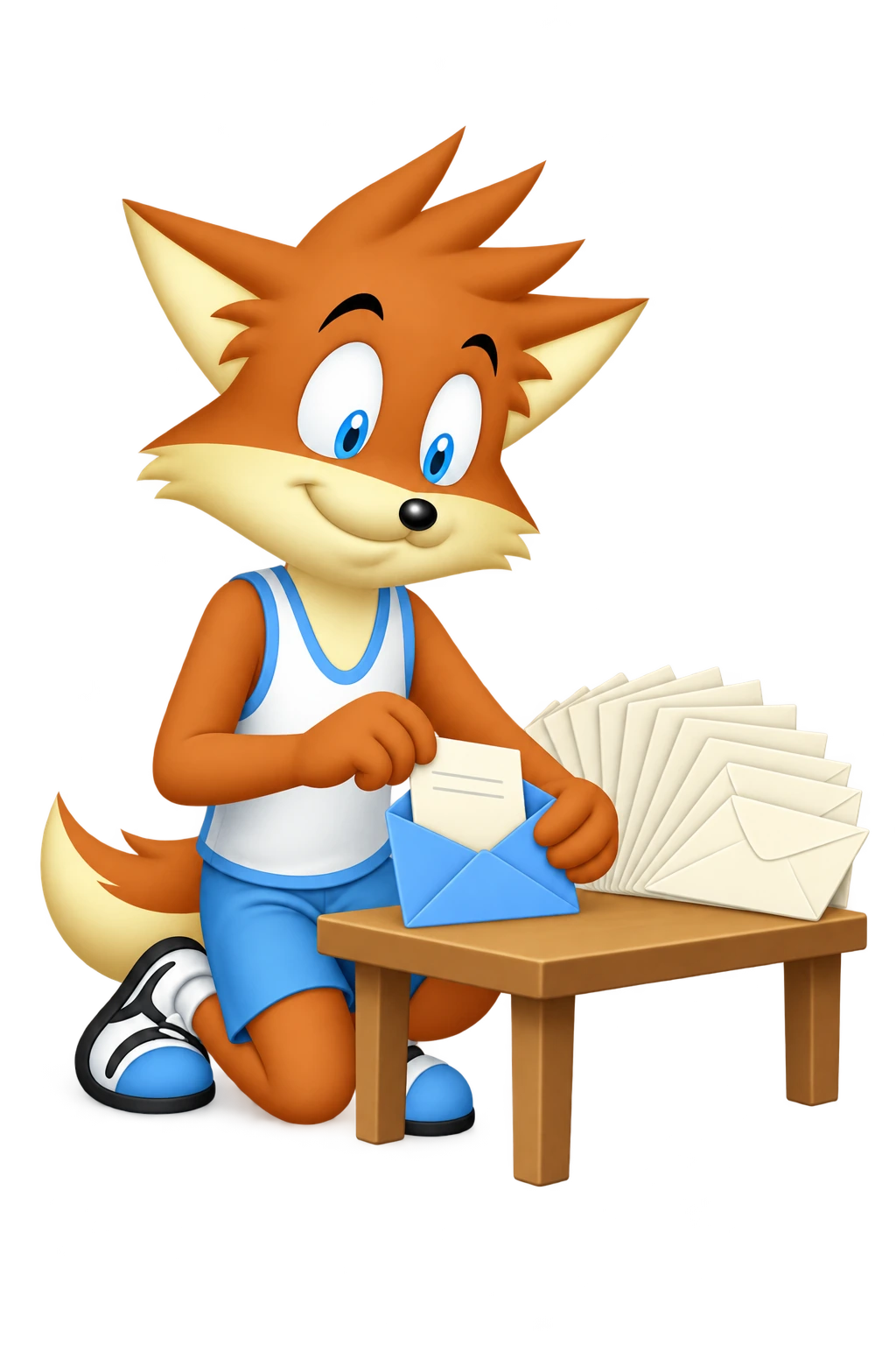 The mascot encloses a short note in one envelope beside many unused envelopes.