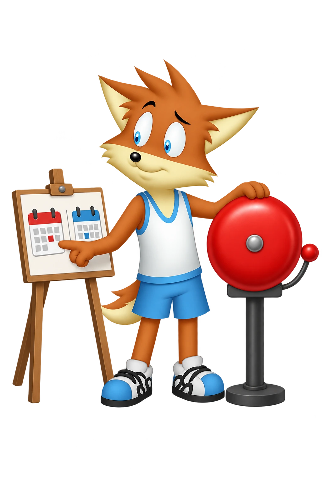 The mascot points to two dates on an easel beside a large red warning bell.