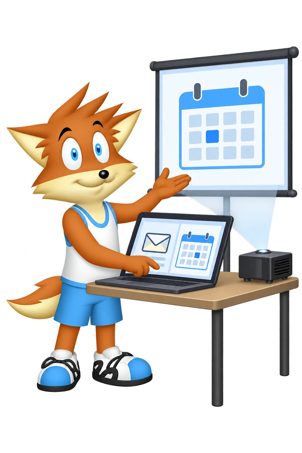 The orange mascot selects a calendar on a laptop while a nearby screen displays only the calendar and omits an envelope window.