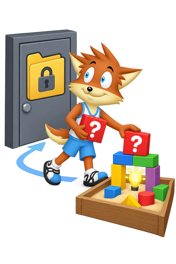 The orange mascot carries a red question card from a locked private-record door to a sandbox of synthetic blocks.
