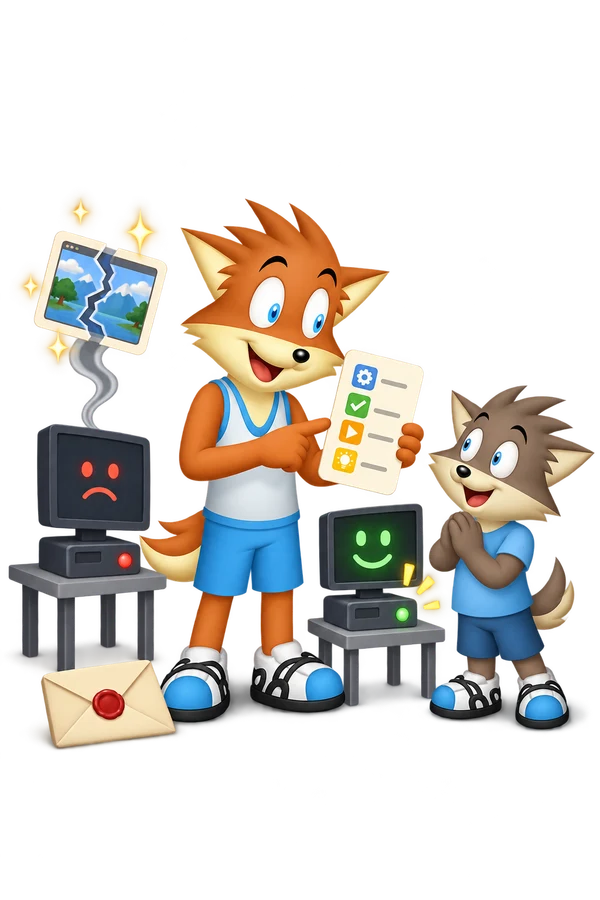 The orange mascot gives a sanitized icon checklist to a gray teammate who reproduces the result on a second test rig.