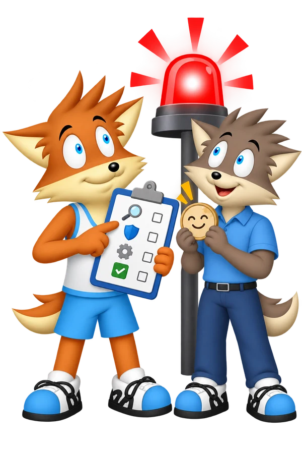 The orange mascot and a comparable-size gray adult colleague review an incident checklist beside a red alarm while the colleague holds a possible false-alarm token.