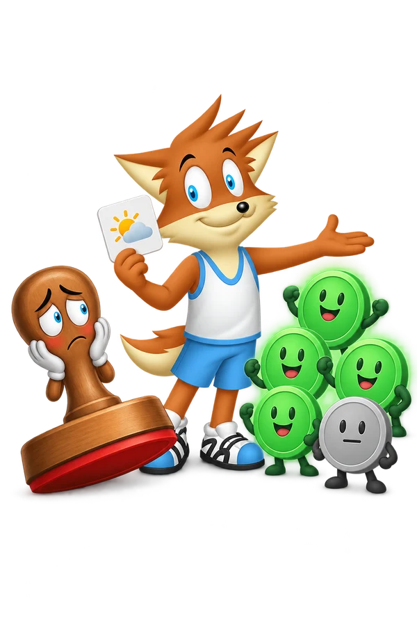 The orange mascot sets aside an oversized certainty stamp and reports four green result tokens out of five beside one condition card.
