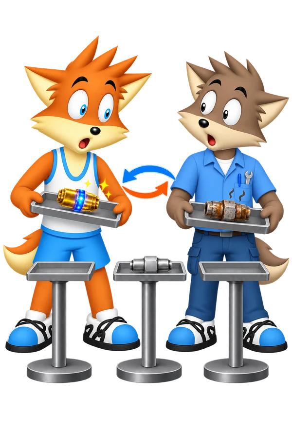 The orange mascot and a comparable-size gray adult colleague test clean and corroded components in matched fixtures as reciprocal arrows point toward a third component.