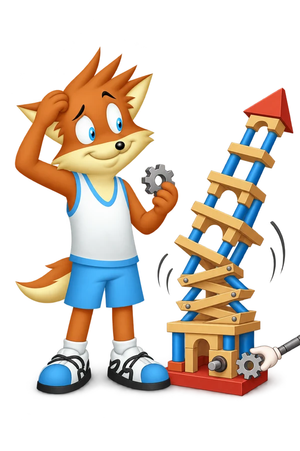 The orange mascot holds a gear beside a tall model tower that wobbles on crossed braces while another hand offers a replacement gear.
