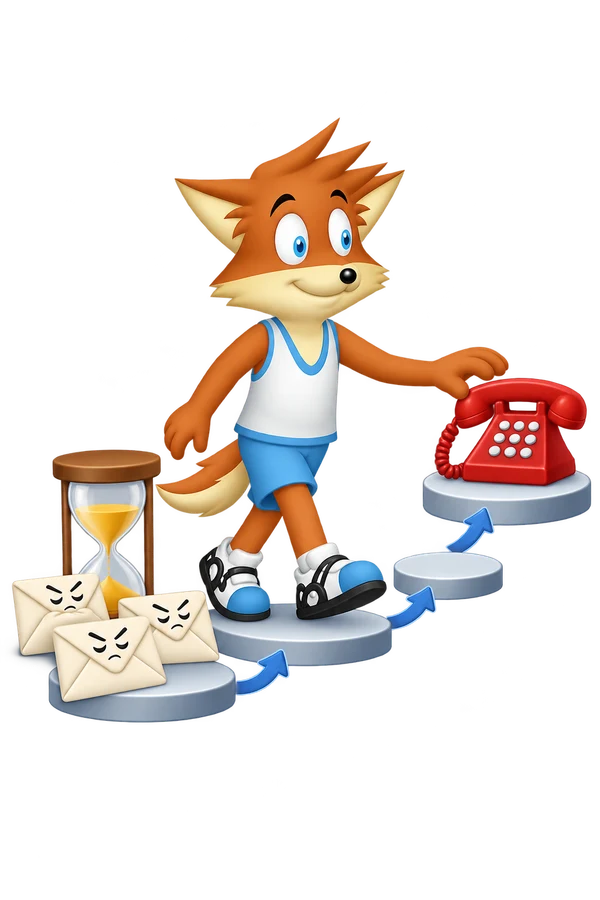 The orange mascot turns an hourglass beside three unanswered envelopes and calmly reaches for the agreed escalation phone.