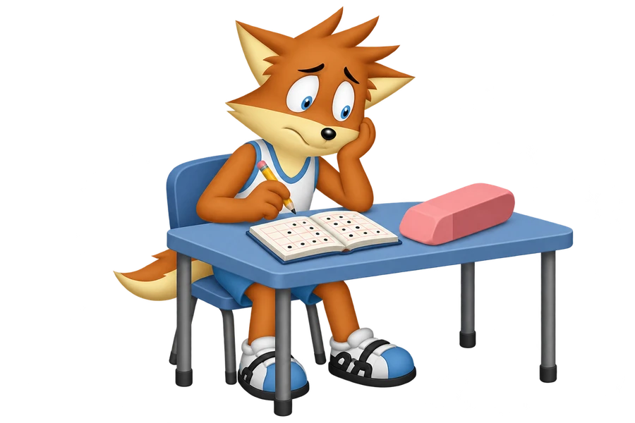 The orange mascot looks at black dots in an open red-grid notebook while holding a pencil, with a large pink eraser on the blue desk.