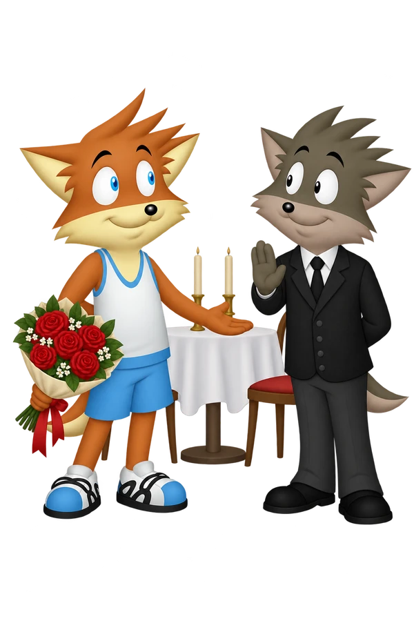 An orange character offers an open hand beside flowers and a candlelit table; a grey companion holds up a hand, leaving the answer open.
