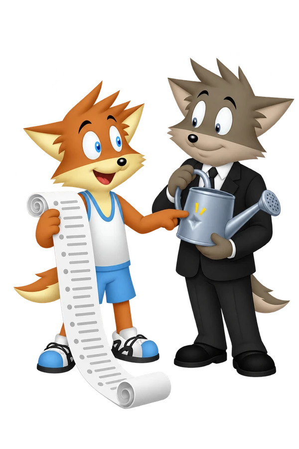 An orange character holds a long blank scroll and points to a dented watering can held by a grey companion.