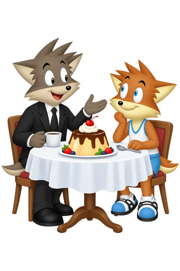 An orange character sets down a spoon beside a pudding and listens to a grey companion at the table.