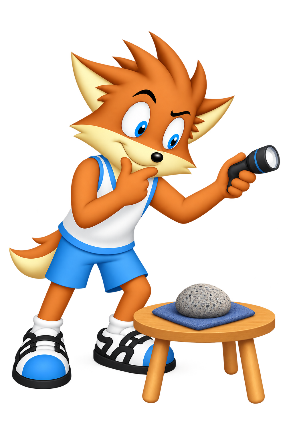 The mascot points a flashlight away from an ordinary speckled stone and examines it thoughtfully.