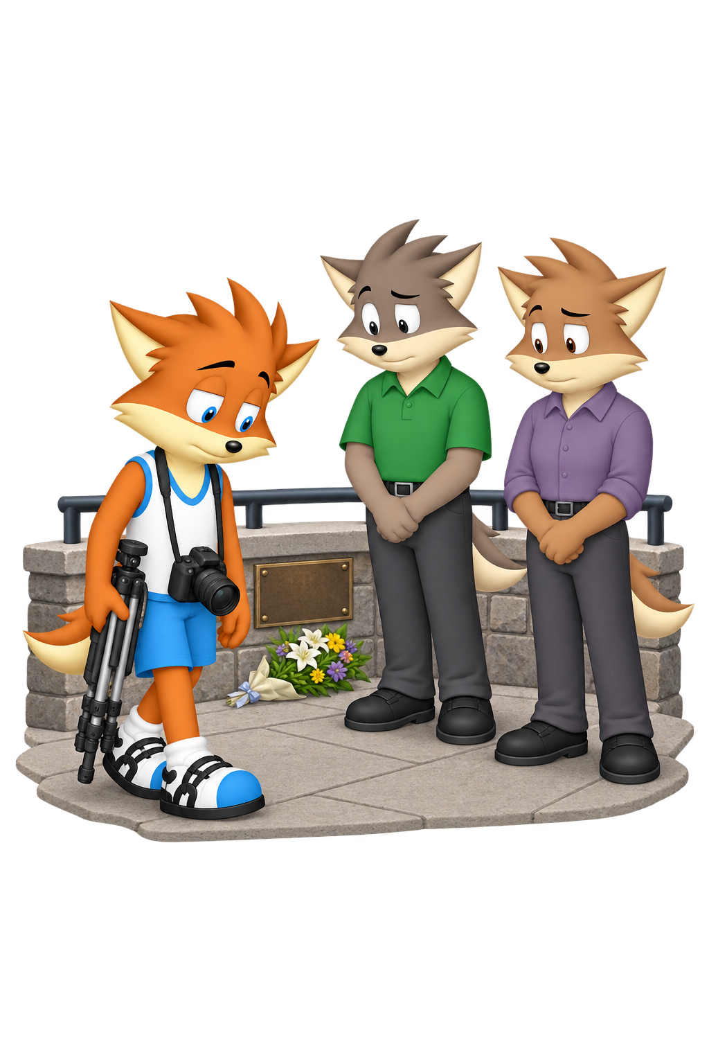 With head lowered and tripod folded, the mascot steps aside from two adults standing by flowers and a memorial plaque on an overlook railing wall.