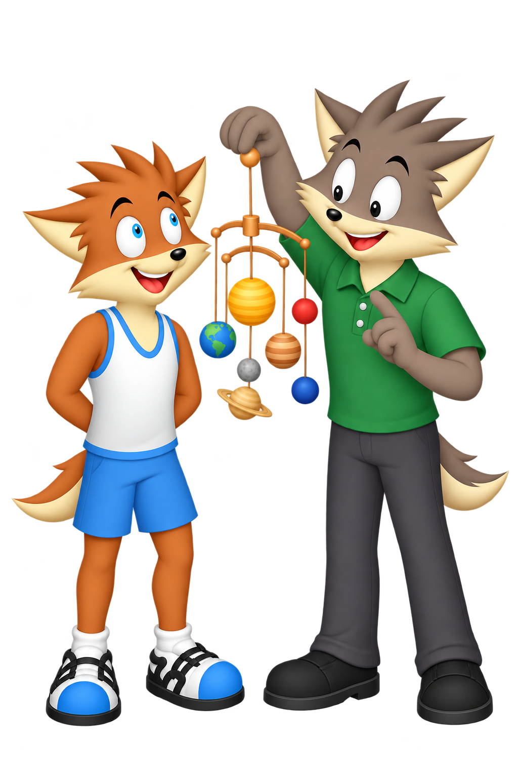 The mascot keeps his hands behind his back while a grey companion explains a hanging wooden model.
