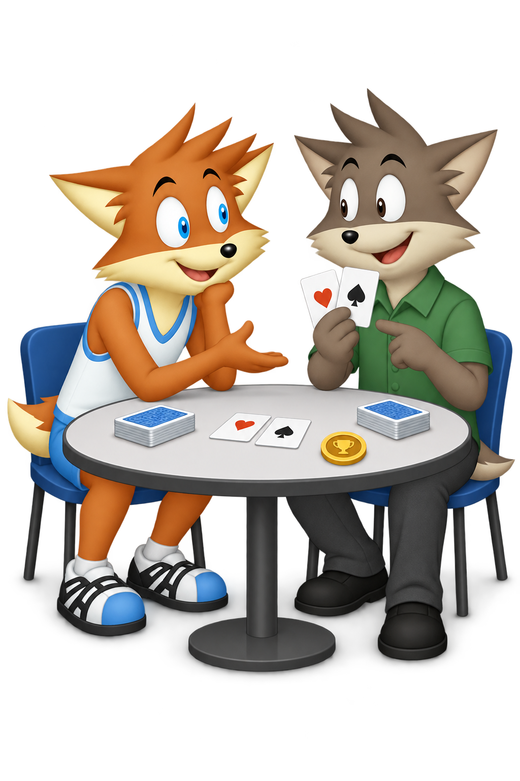 The grey player shows a two-card combination while the orange player listens with interest.