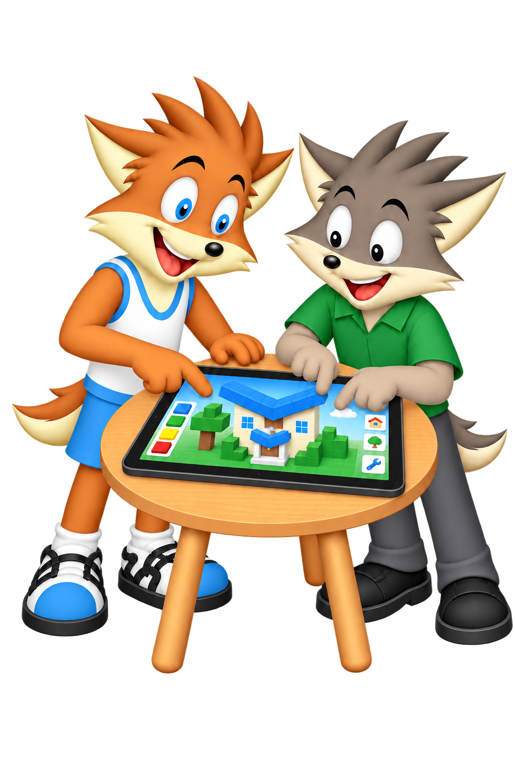 Two players enjoy a shared tablet showing a house and porch with inverted blue roofs.