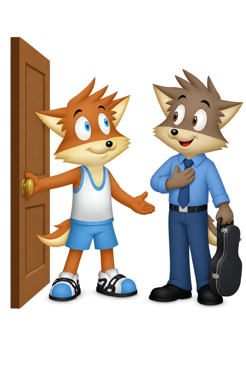 The mascot holds a door open while a grey-brown companion keeps hold of a violin case.
