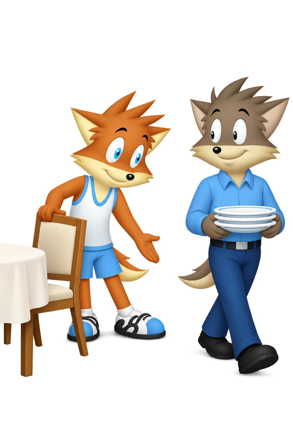 The mascot moves a chair aside as a grey-brown companion carries plates past.
