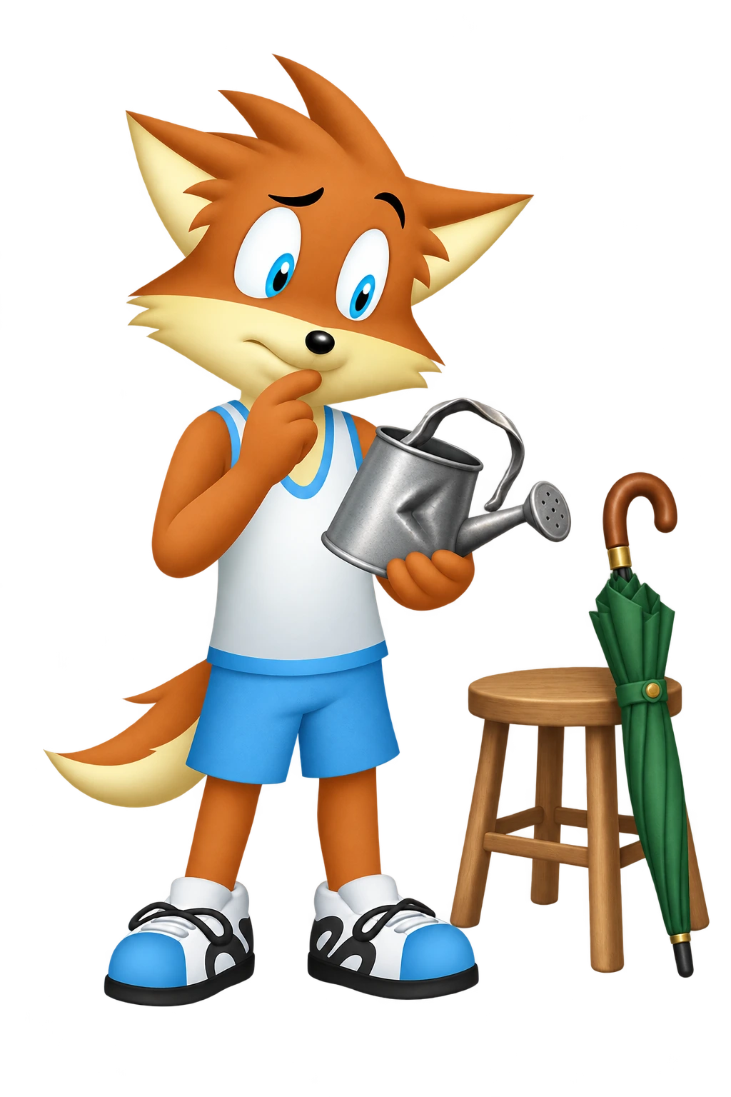 The mascot examines a dented watering can beside an untouched closed umbrella.
