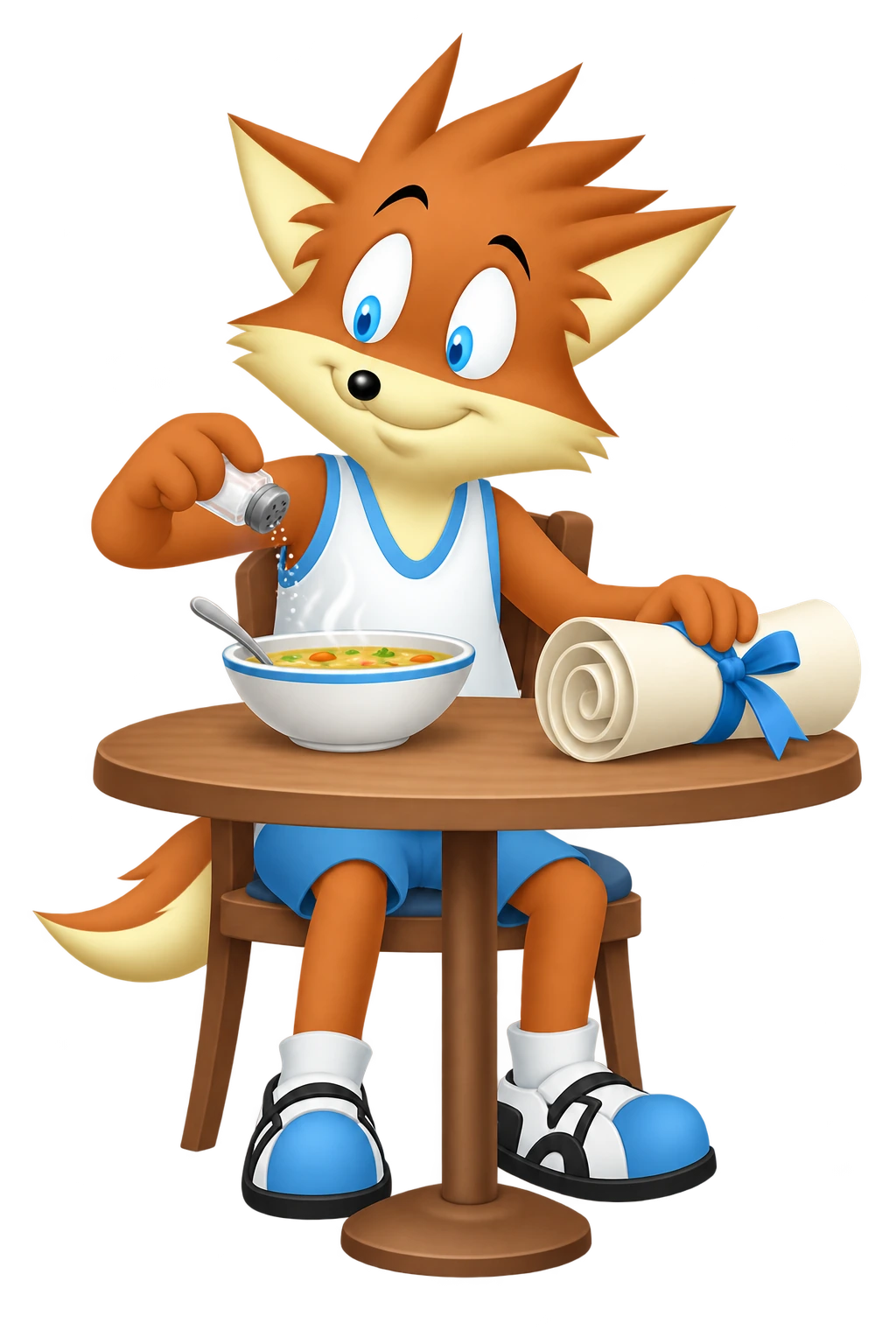 The mascot adds a pinch of salt to soup while holding a rolled sheet.
