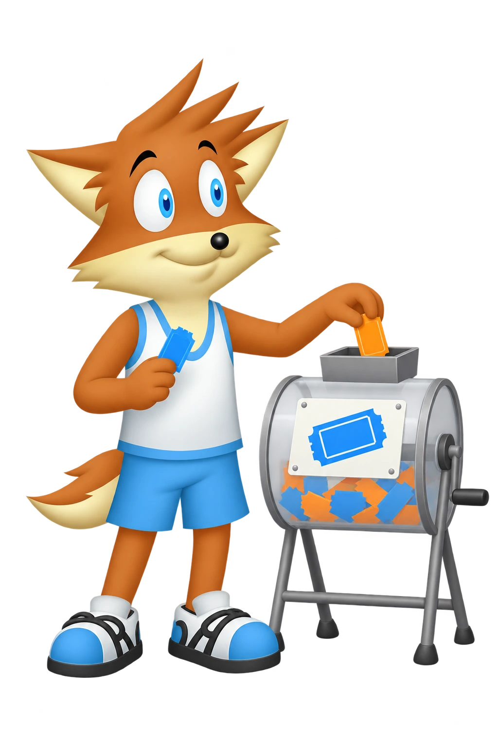 The mascot keeps one blue raffle ticket and returns a second ticket beside the raffle drum.