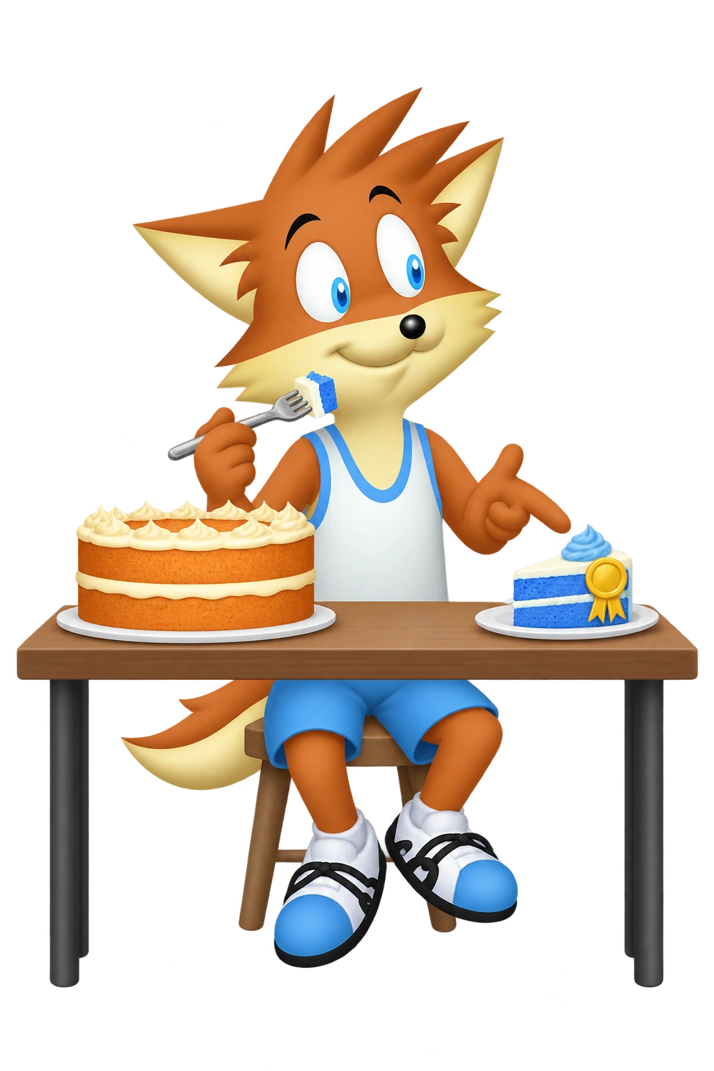 The mascot tastes a bite and gestures toward a blue cake slice with a gold rosette beside a larger orange cake.