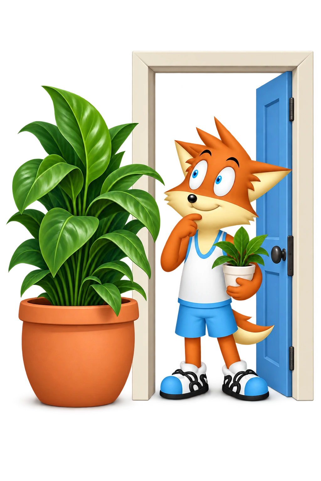 The mascot considers a small potted plant beside a doorway and an oversized pot that cannot fit through it.