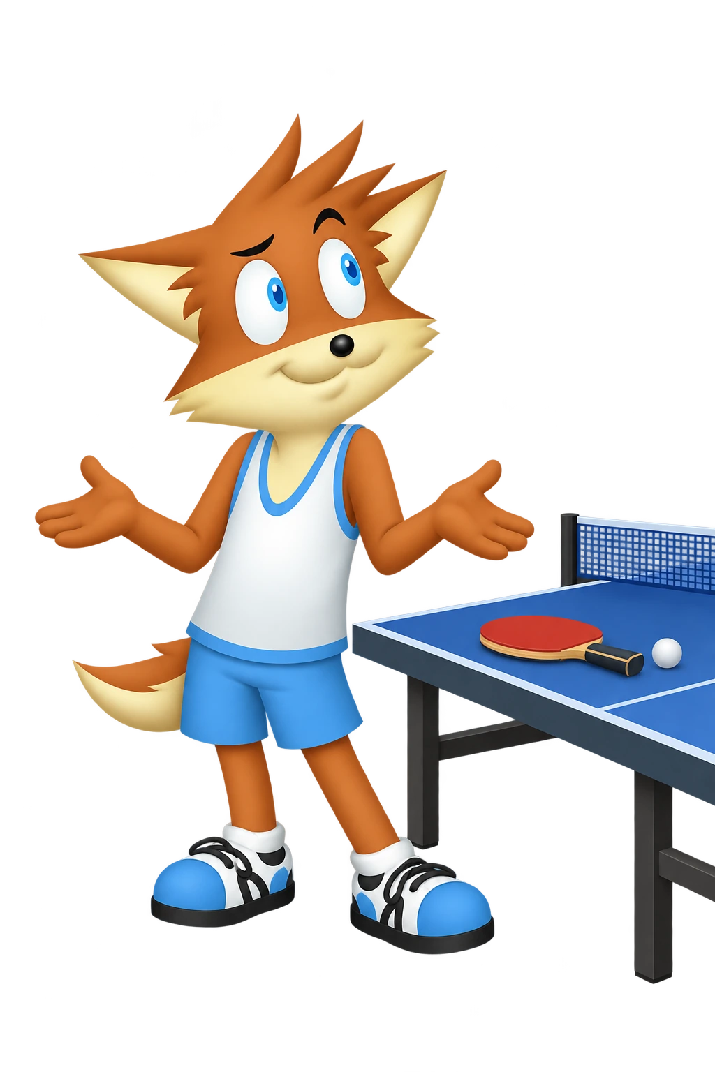 The mascot stands with open hands beside a resting table-tennis paddle and ball.