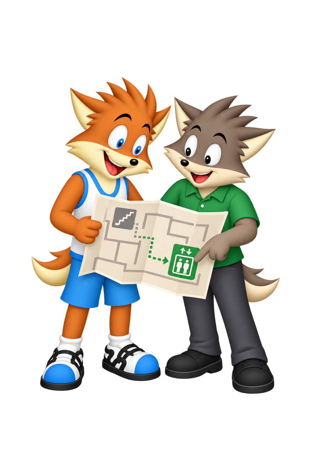Two adults look together at the lift symbol on a map.