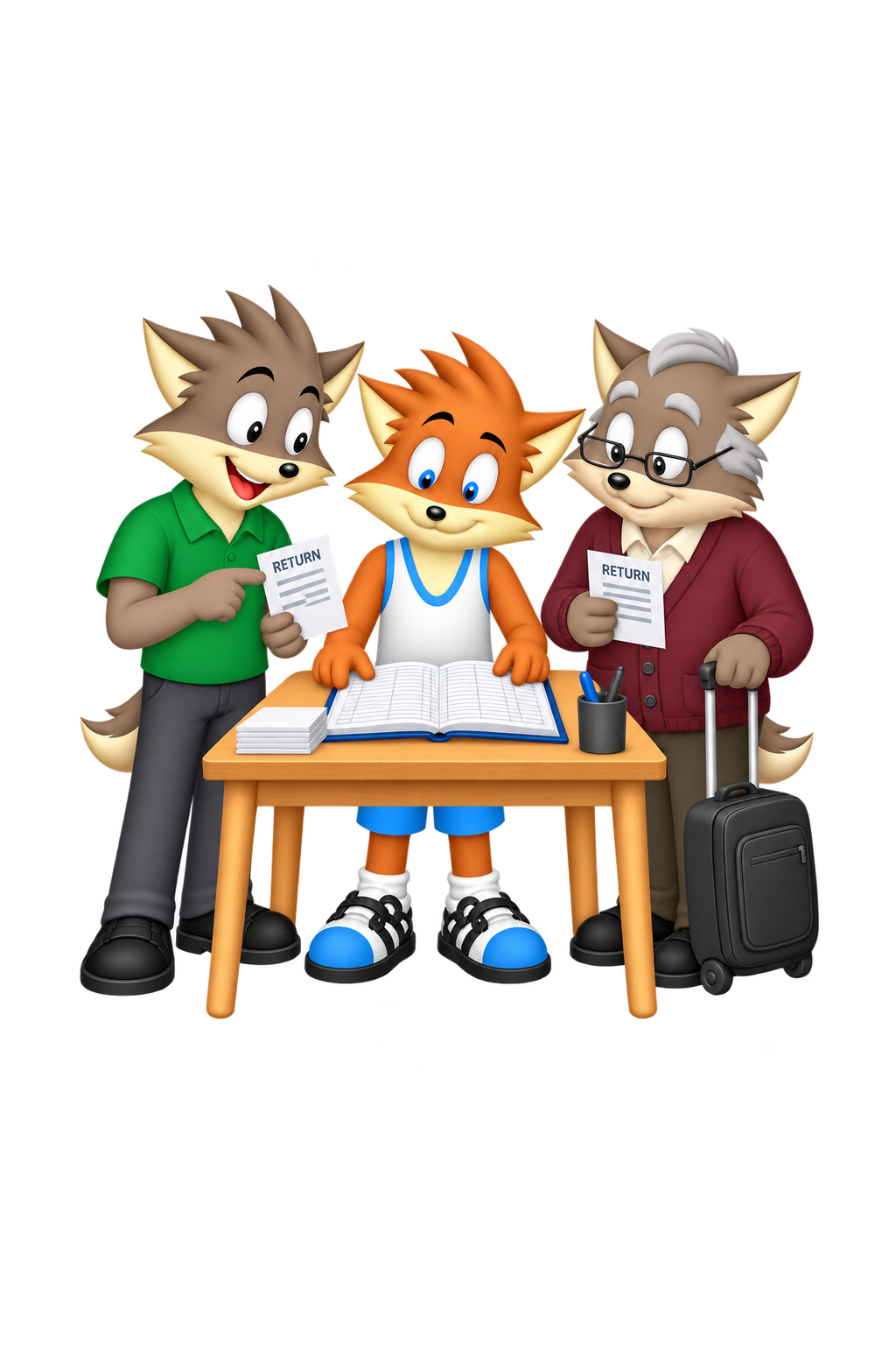 Two distinct adult visitors present return slips while the mascot consults one shared ledger.