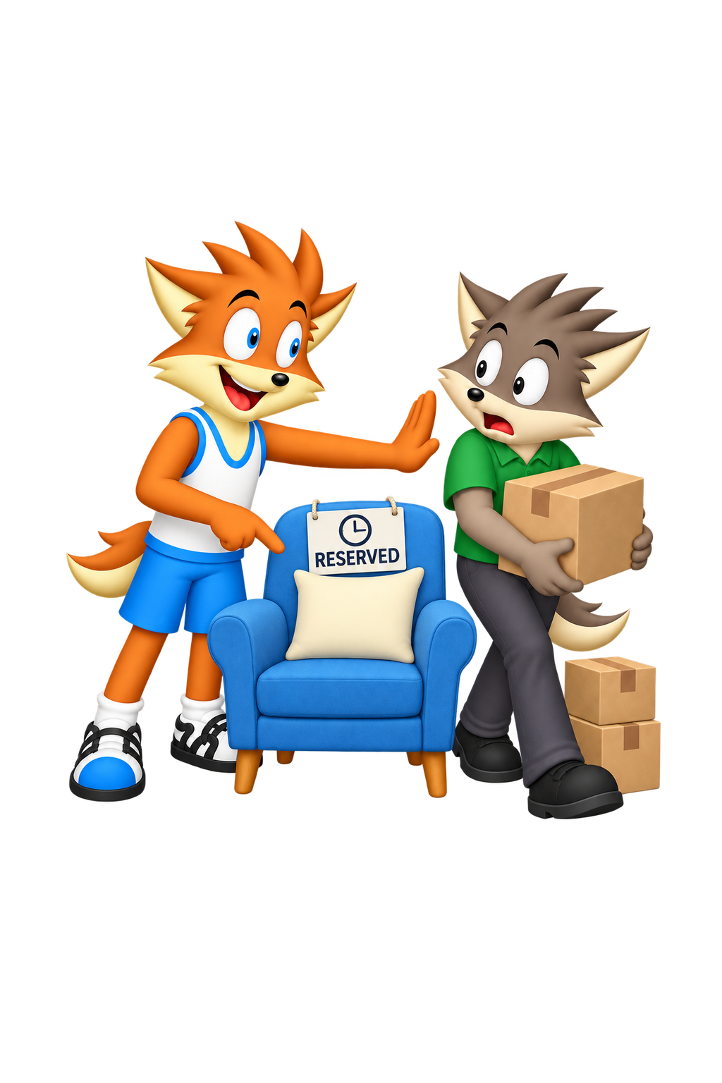 The mascot points to a RESERVED sign while keeping delivery cartons off a chair.