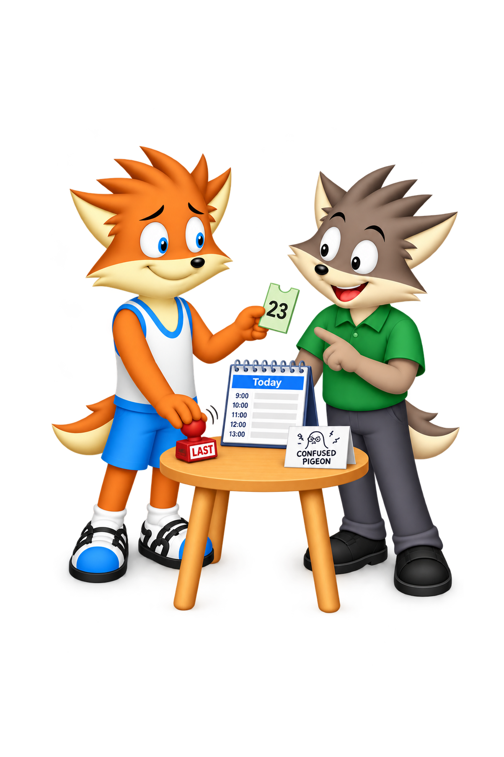 The mascot offers ticket 23, with the other hand on a LAST stamp beside a critical pigeon comment card.