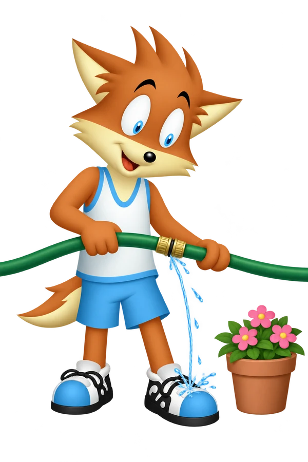 The orange mascot looks at water leaking from a hose connector onto its sneaker beside a flowerpot.