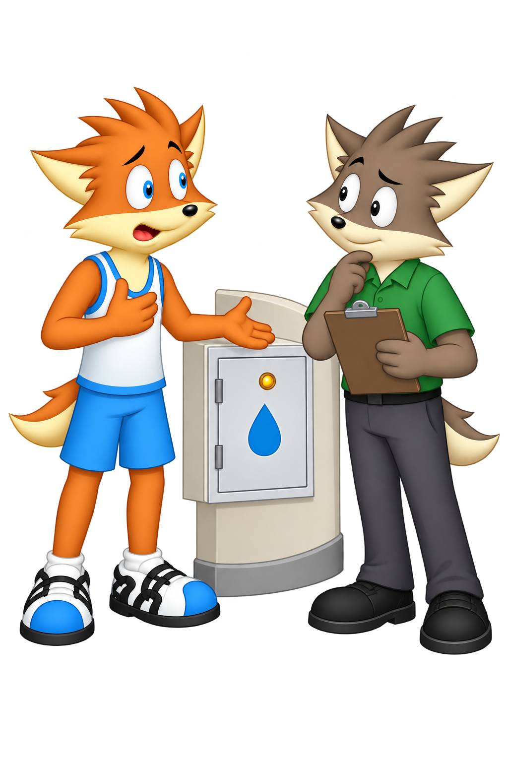 The mascot tells a listening crew member about a fault beside a closed water-service cabinet.