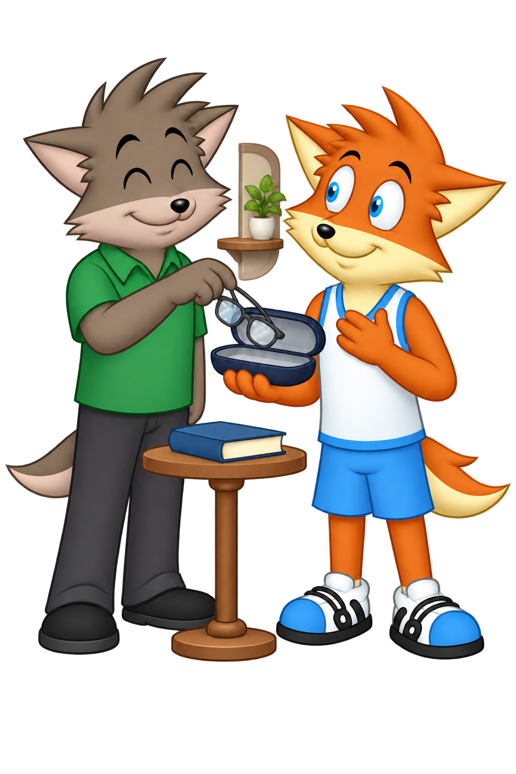 The mascot holds a glasses case open and thanks the companion putting the glasses away. A sparse cabin fitting locates the shared habitat.