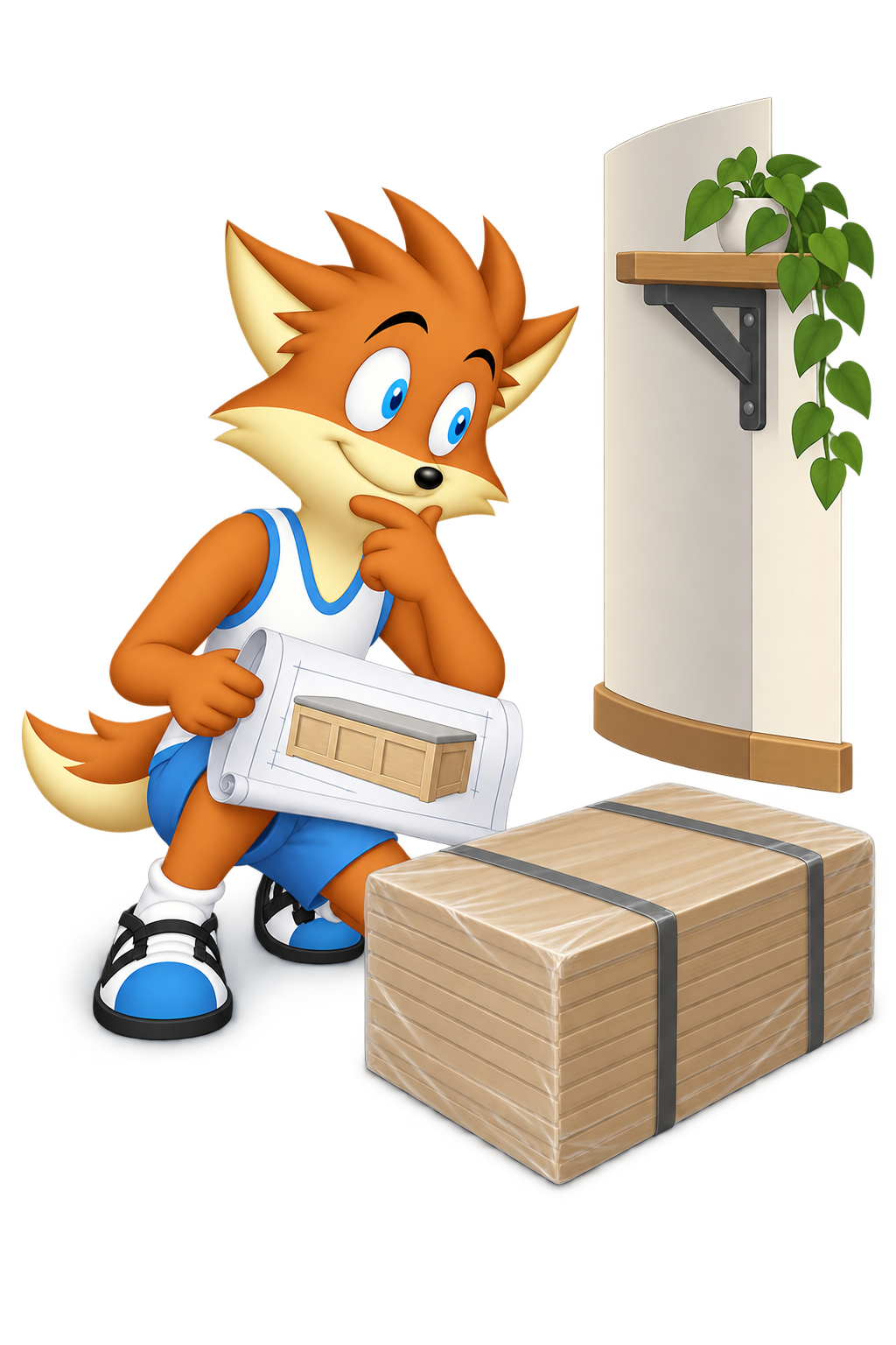 The mascot pauses over a bench drawing beside a still-sealed material reserve.